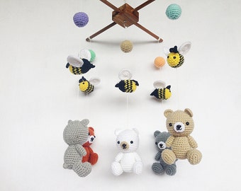 Baby mobile - Bear & Bee Crochet baby mobile,Crib mobile, Nursery decor, Baby gift, Handmade baby mobile, Baby crib mobile Amigurumi