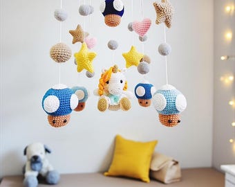 Crochet Unicorn & Mushroom Baby Mobile: Nursery Decor