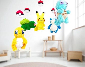 Gehaakte Pokemon-babymobiel – Pikachu, Charmander, Snorlax, Bulbasaur, Squirtle