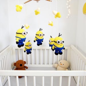 Baby mobile - crochet Happy Minions, Minions baby mobile,Crib mobile, nursery decor,Minions crochet mobile, Minions amigurumi