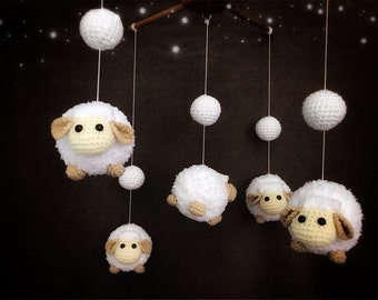 Crochet Baby mobile - White Ball & Sheep baby mobile,Crib mobile, nursery decor,Sheep crochet mobile, Sheep crochet mobile