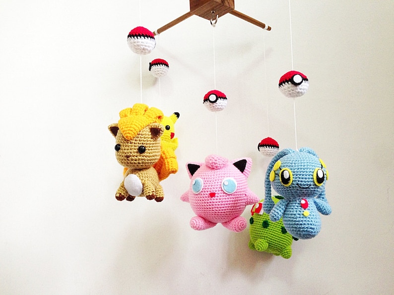 Crib mobile Pokemon set Pikachu, Chikorita, Vulpix, Jigglypuff, Manaphy crochet baby mobile, nursery decor, crochet mobile,baby gift image 4