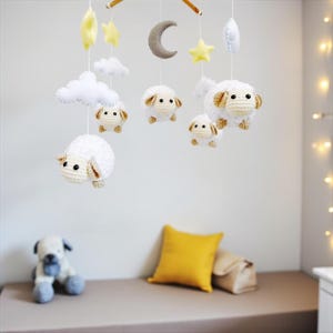 Baby mobile - Cute Sheep Moon Stars & Cloud, Sheep baby mobile, crochet mobile, Nursery decor, Gift, Crochet amigurumi, felt mobile