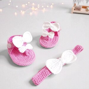 Crochet Baby Shoes and Headband Set: Pink & White Cotton