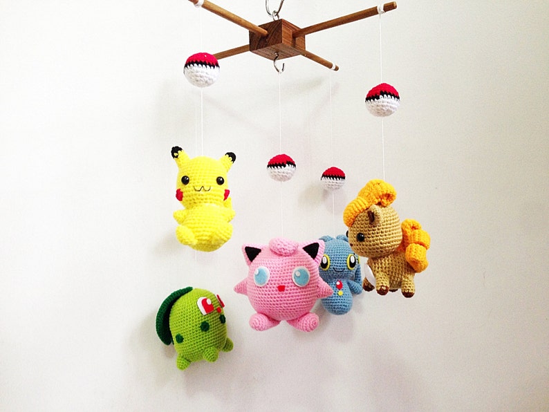 Crib mobile Pokemon set Pikachu, Chikorita, Vulpix, Jigglypuff, Manaphy crochet baby mobile, nursery decor, crochet mobile,baby gift image 1