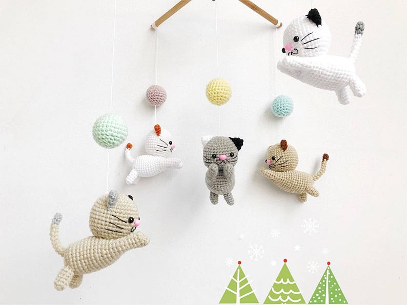 Crochet Baby Mobile Meow Meow Kitten, Cat baby mobile,Cat crochet mobile, Kitten, Baby Crib Mobile, Nursery crib mobile image 1