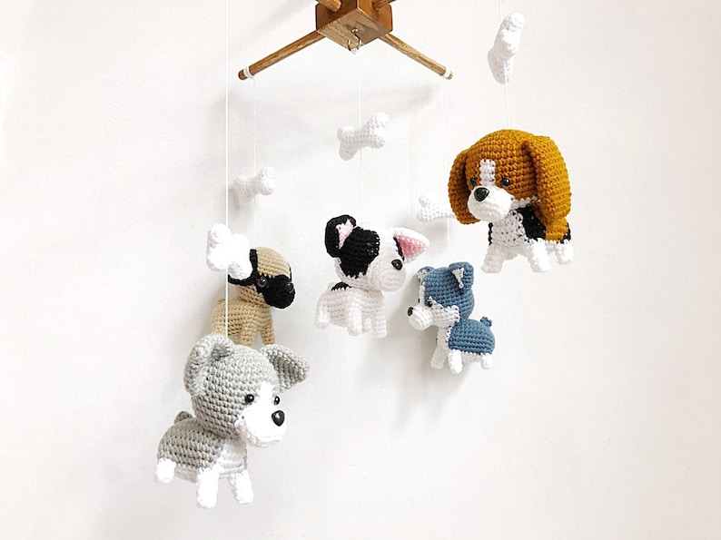 Cute Puppy Crochet Baby Mobile, Dog baby mobile, Beagle, siberian husky, Pug, Chihuahua, Bull dog, Nursery Decor, Baby gift image 7