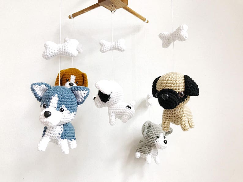 Cute Puppy Crochet Baby Mobile, Dog baby mobile, Beagle, siberian husky, Pug, Chihuahua, Bull dog, Nursery Decor, Baby gift image 5