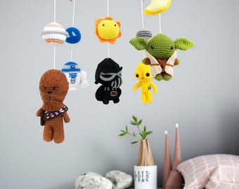 Star wars Baby Mobile , Outer space baby mobile,Yoda,Robot, Darth Vador crochet mobile,  Baby Crib Mobile, Nursery mobile