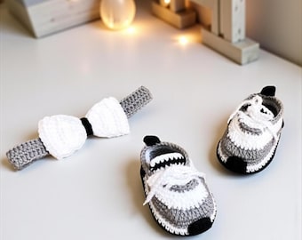 Crochet Baby Sneaker and Headband Set: Gray & White Cotton