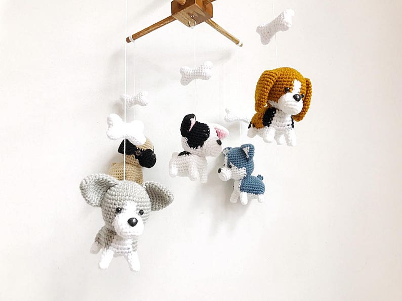 Cute Puppy Crochet Baby Mobile, Dog baby mobile, Beagle, siberian husky, Pug, Chihuahua, Bull dog, Nursery Decor, Baby gift image 4