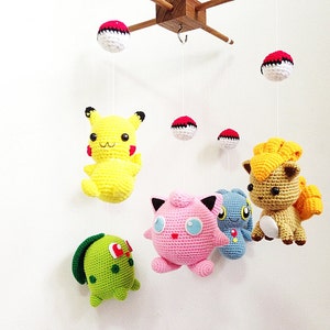 Crib mobile Pokemon set Pikachu, Chikorita, Vulpix, Jigglypuff, Manaphy crochet baby mobile, nursery decor, crochet mobile,baby gift image 3