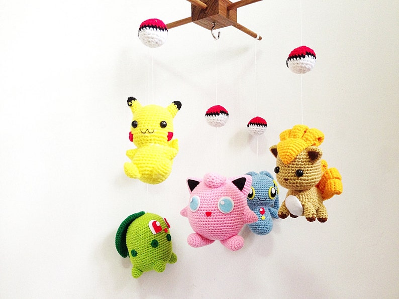 Crib mobile Pokemon set Pikachu, Chikorita, Vulpix, Jigglypuff, Manaphy crochet baby mobile, nursery decor, crochet mobile,baby gift image 3