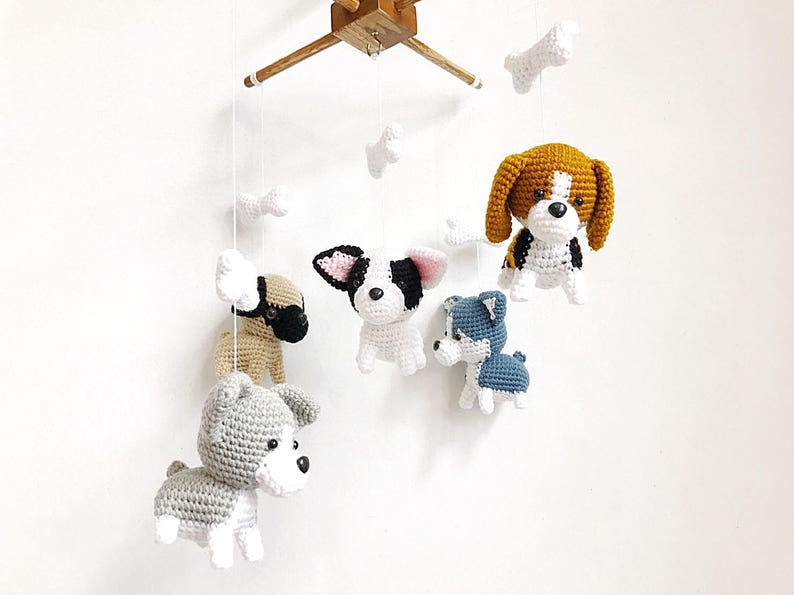 Cute Puppy Crochet Baby Mobile, Dog baby mobile, Beagle, siberian husky, Pug, Chihuahua, Bull dog, Nursery Decor, Baby gift image 1