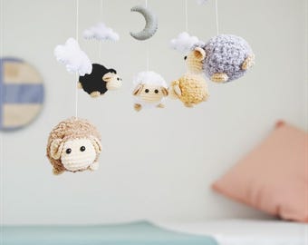 Crochet Sheep Baby Mobile: Teak Wood Hanger, Nursery Decor
