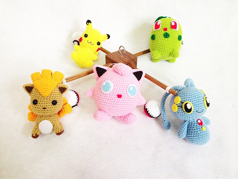 Crib mobile Pokemon set Pikachu, Chikorita, Vulpix, Jigglypuff, Manaphy crochet baby mobile, nursery decor, crochet mobile,baby gift image 5