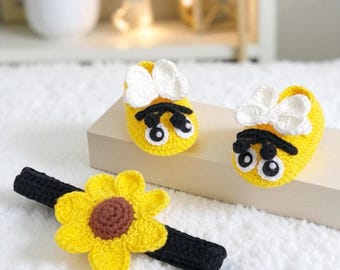 Crochet Buzzy Bee Baby Shoes & Headband Set: Cotton Soft Yarn