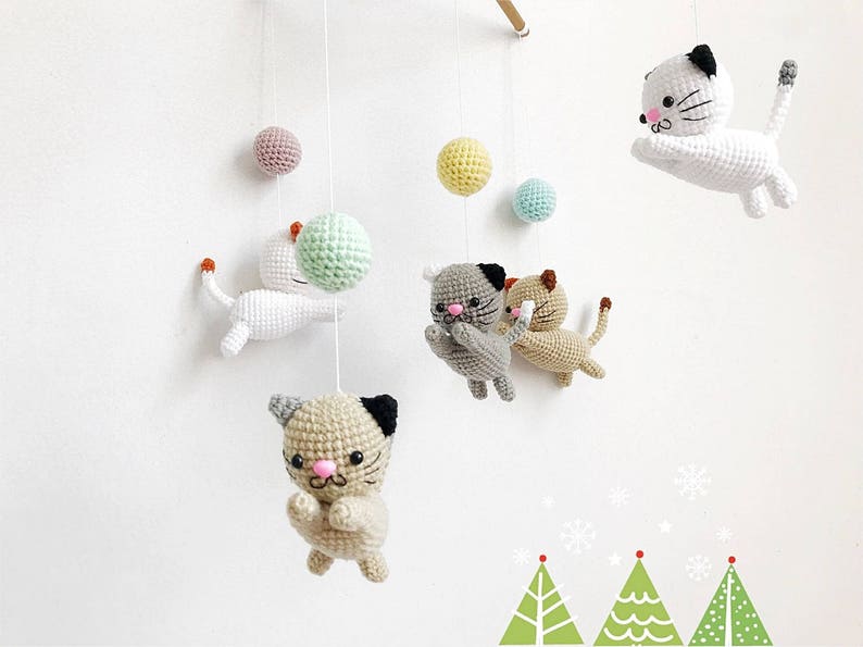 Crochet Baby Mobile Meow Meow Kitten, Cat baby mobile,Cat crochet mobile, Kitten, Baby Crib Mobile, Nursery crib mobile image 2