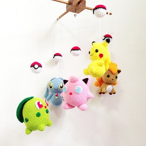 Crib mobile Pokemon set Pikachu, Chikorita, Vulpix, Jigglypuff, Manaphy crochet baby mobile, nursery decor, crochet mobile,baby gift image 2