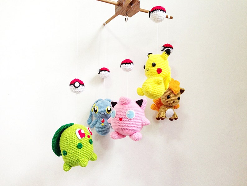 Crib mobile Pokemon set Pikachu, Chikorita, Vulpix, Jigglypuff, Manaphy crochet baby mobile, nursery decor, crochet mobile,baby gift image 2