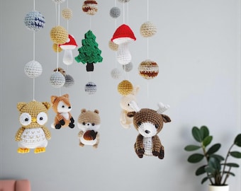 Crochet Woodland Animal Mobile: Raccoon, Fox, Giraffe