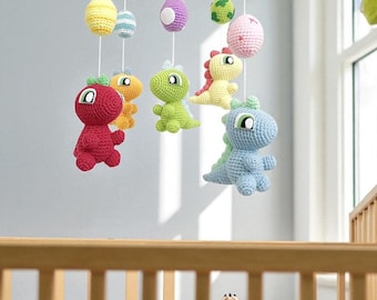 Crochet Dinosaur Baby Mobile: Nursery Decor with Teak Wood Hanger