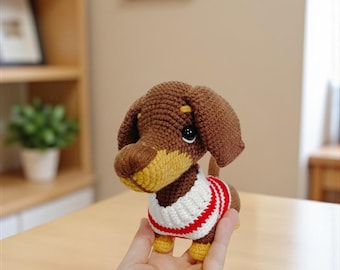 かぎ針編みのダックスフント犬のあみぐるみ：柔らかいコットンの子犬