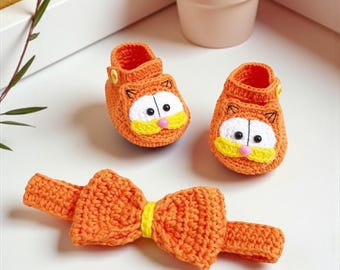 Crochet Baby Garfield Shoes & Headband Set: Orange Cotton