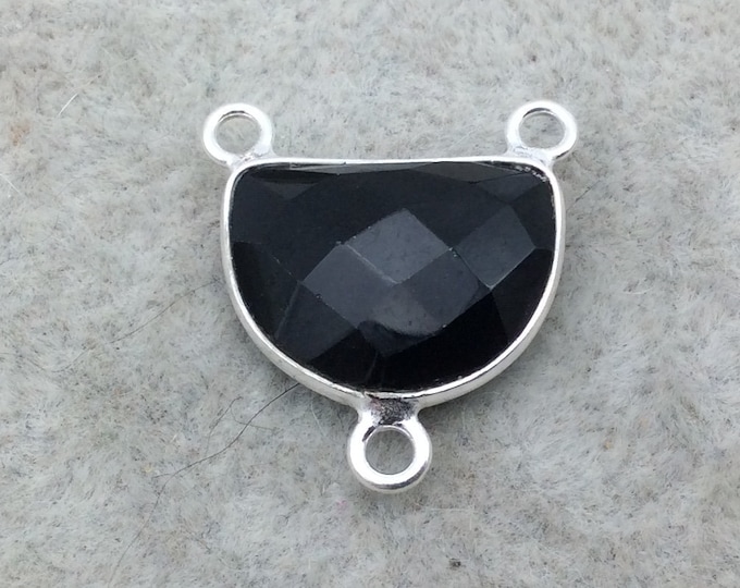 Sterling Silver Faceted Half Moon Shaped Jet Black Hydro (Man-made) Onyx Bezel 3 Ring Connector - Measuring 12mm x 16mm - Sold Individually