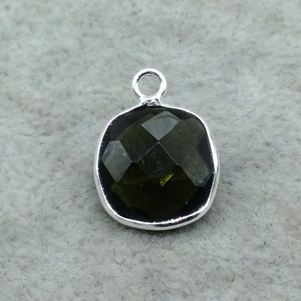 Sterling Silver Faceted Dark Olive (Lab Created) Quartz Square Shaped Bezel Pendant - Measuring 12mm x 12mm - Sold Individually