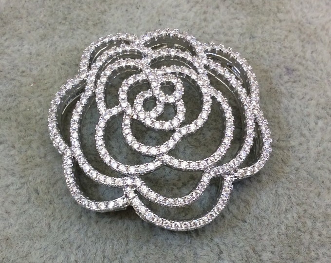 Silver Plated White CZ Cubic Zirconia Inlaid Flat Open Backed Rose Blossom Shaped Copper Slider with 2mm Hole - Measuring 36mm x 36mm