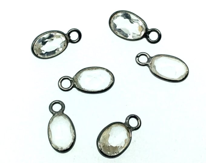 BULK LOT - Pack of Six (6) Gunmetal Vermeil Pointed/Cut Stone Faceted Oval Shaped Natural Clear Quartz Bezel Pendants - Measures 4mm x 6mm