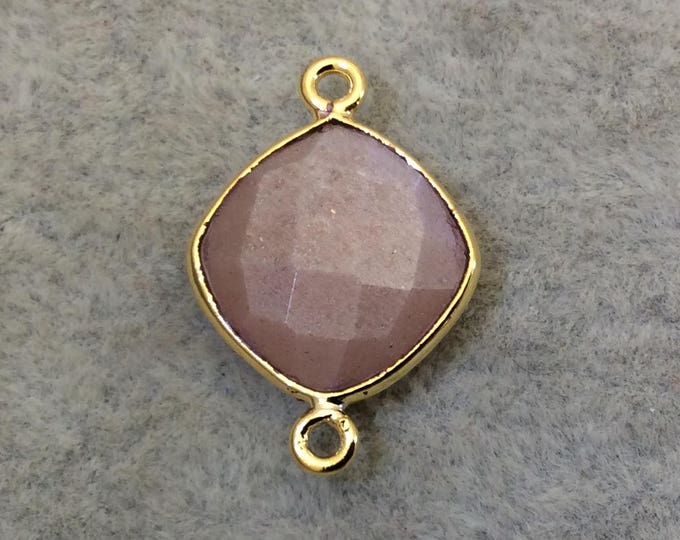 Gold Finish Faceted Peach Moonstone Diamond Shape Plated Copper Bezel Connector Component - ~ 12mm x 12mm - Sold Individually - RANDOM