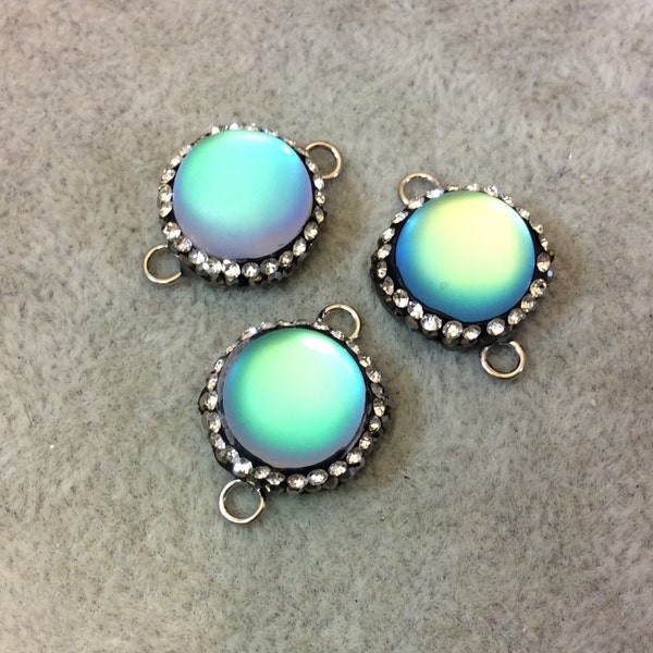 Pave Rhinestone Encrusted Round Synthetic Aqua/Green Moonstone Connector with Two Rings - Measuring 15mm in dia., Approx.