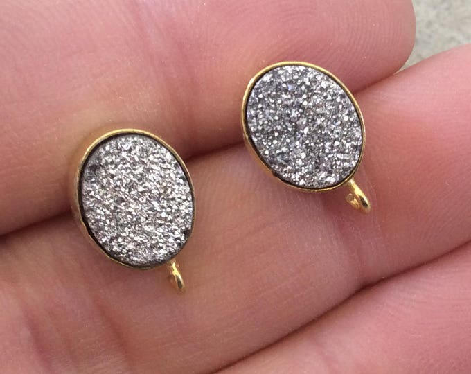 One Pair of Bright Silver Color Coated Natural Druzy Oval Shaped Gold Plated Stud Earrings with Attached Jump Rings - Measuring 8mm x 10mm