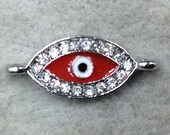 Small Red Enameled Silver Plated Copper Rhinestone Inlaid Evil Eye Shaped Focal Connector - Measuring 10mm x 18mm, Approximately