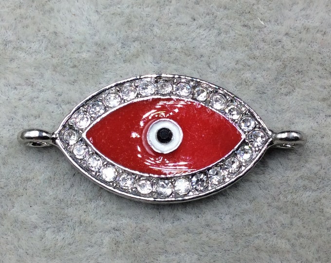 Medium Red Enameled Silver Plated Copper Rhinestone Inlaid Evil Eye Shaped Focal Connector - Measuring 15mm x 25mm, Approximately