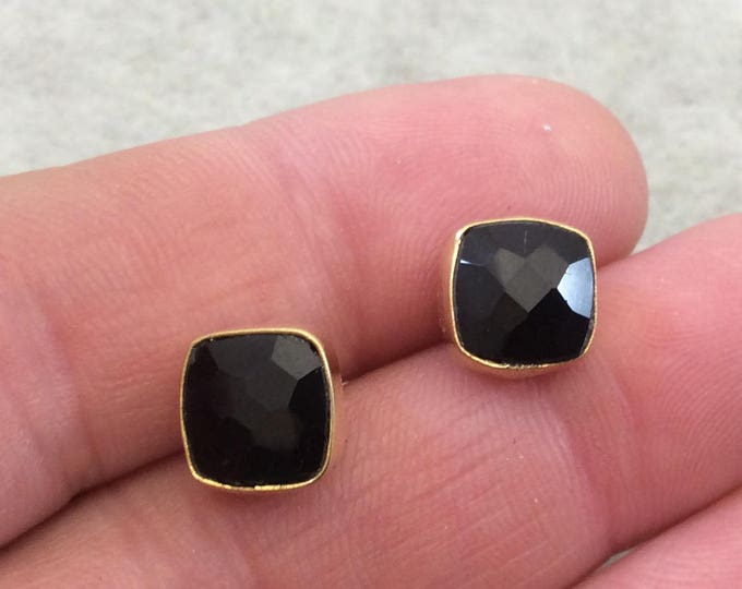 One Pair of Deep Black Onyx Square Shaped Gold Plated Stud Earrings with NO ATTACHED Jump Rings - Measuring 8mm x 8mm - Natural Gemstone!