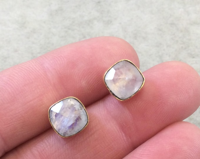 One Pair of White Rainbow Moonstone Square Shaped Gold Plated Stud Earrings With NO ATTACHED Jump Rings - ~  8mm x 8mm - Natural Gemstone!