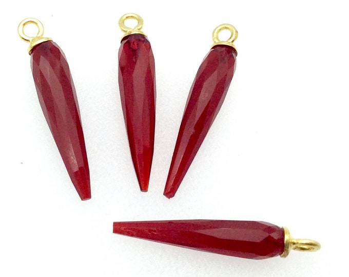 Small Gold Plated Sterling Silver Finish Faceted Spike Opaque Red Quartz Bezel Pendant  ~ 7 x 22-25mm - Sold Per Each, At Random