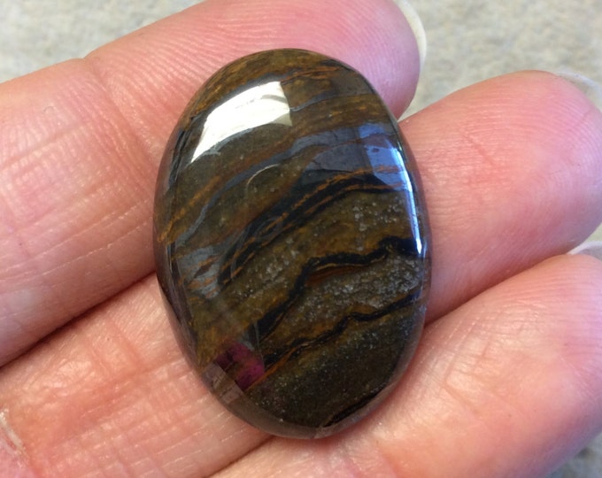 Single OOAK Natural Tiger Iron Oblong Oval Shaped Flat Back Cabochon - Measuring 20mm x 28mm, 6mm Dome Height - High Quality Gemstone