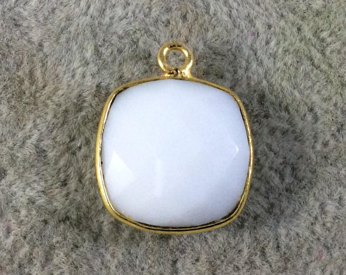Gold Plated Faceted White Hydro (Lab Created) Chalcedony Square Shaped Bezel Pendant - Measuring 15mm x 15mm - Sold Individually