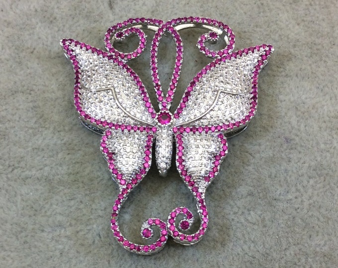 Silver Plated Pink/White CZ Cubic Zirconia Inlaid Fancy/Ornate Long Scroll Winged Butterfly Shaped Copper Slider - Measuring 50mm x 57mm