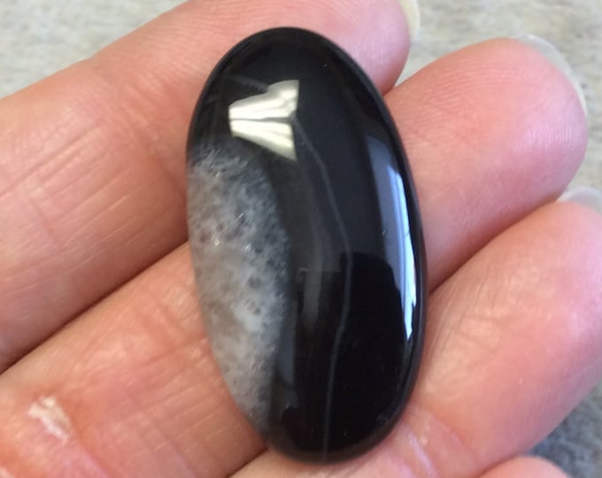 Natural Black Sardonyx Oblong Oval Shaped Flat Back Cabochon - Measuring 18mm x 34mm, 6mm Dome Height - Natural High Quality Gemstone