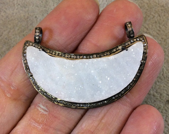 Genuine Pave Diamond Encrusted Gunmetal Plated Sterling Silver and White Druzy Crescent Pendant - Measuring 44mm x 24mm, Approx. - .45 cts