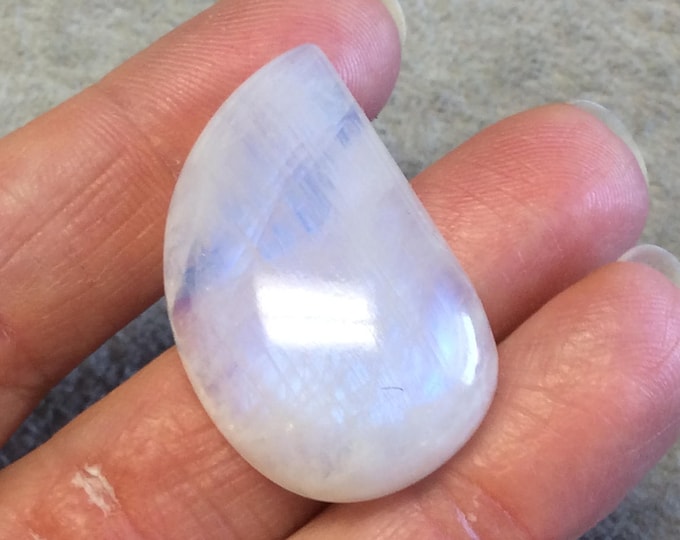 OOAK Single AAA Curved Tear Shaped Blue Moonstone Flat Back Cabochon - Measuring 22mm x 37mm, 9.5mm Dome Height - Gemstone Cab (Batch B)