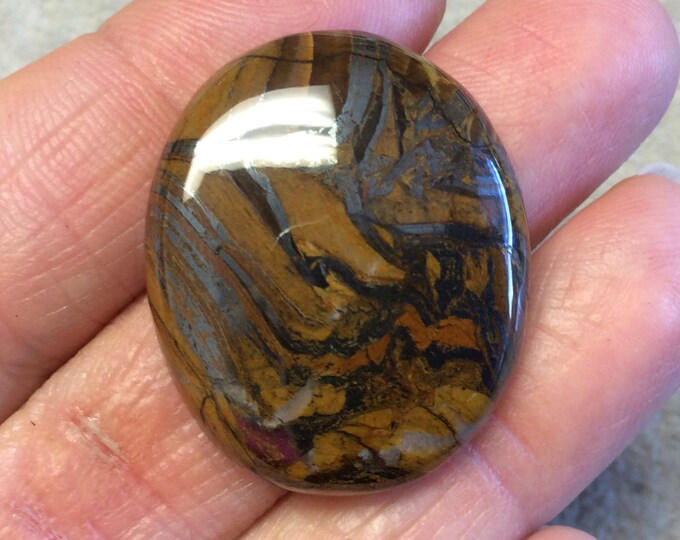 Single OOAK Natural Tiger Iron Oblong Oval Shaped Flat Back Cabochon - Measuring 26mm x 32mm, 7mm Dome Height - High Quality Gemstone
