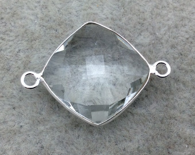 Sterling Silver Faceted Clear (Lab Created) Quartz Diamond Shaped Bezel Connector - Measuring 15mm x 15mm - Sold Individually