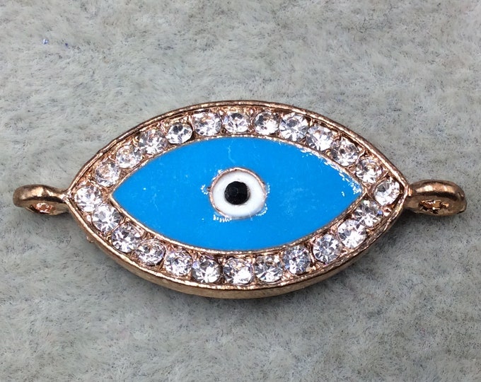 Medium Sky Blue Enameled Rose Gold Plated Copper Rhinestone Inlaid Evil Eye Shaped Focal Connector - Measuring 15mm x 25mm, Approximately