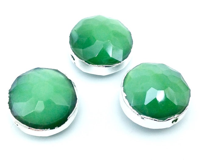 Silver Electroplated Faceted Opaque Green Crystal Round/Coin Shaped Bead  - 14mm - Sold Individually, At Random - High Quality Crystal